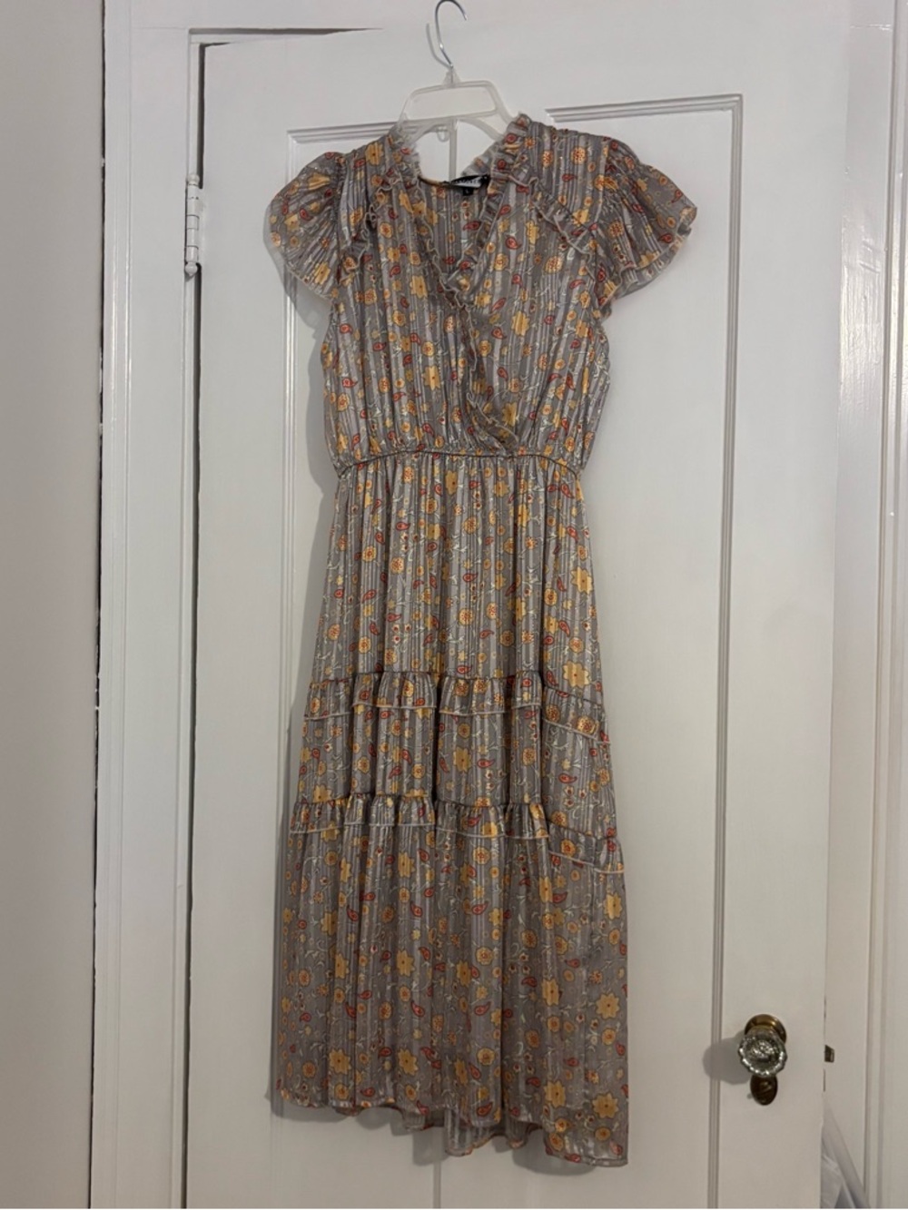 Women's Floral Tiered Maxi Dress - Gray with Yellow & Orange Floral